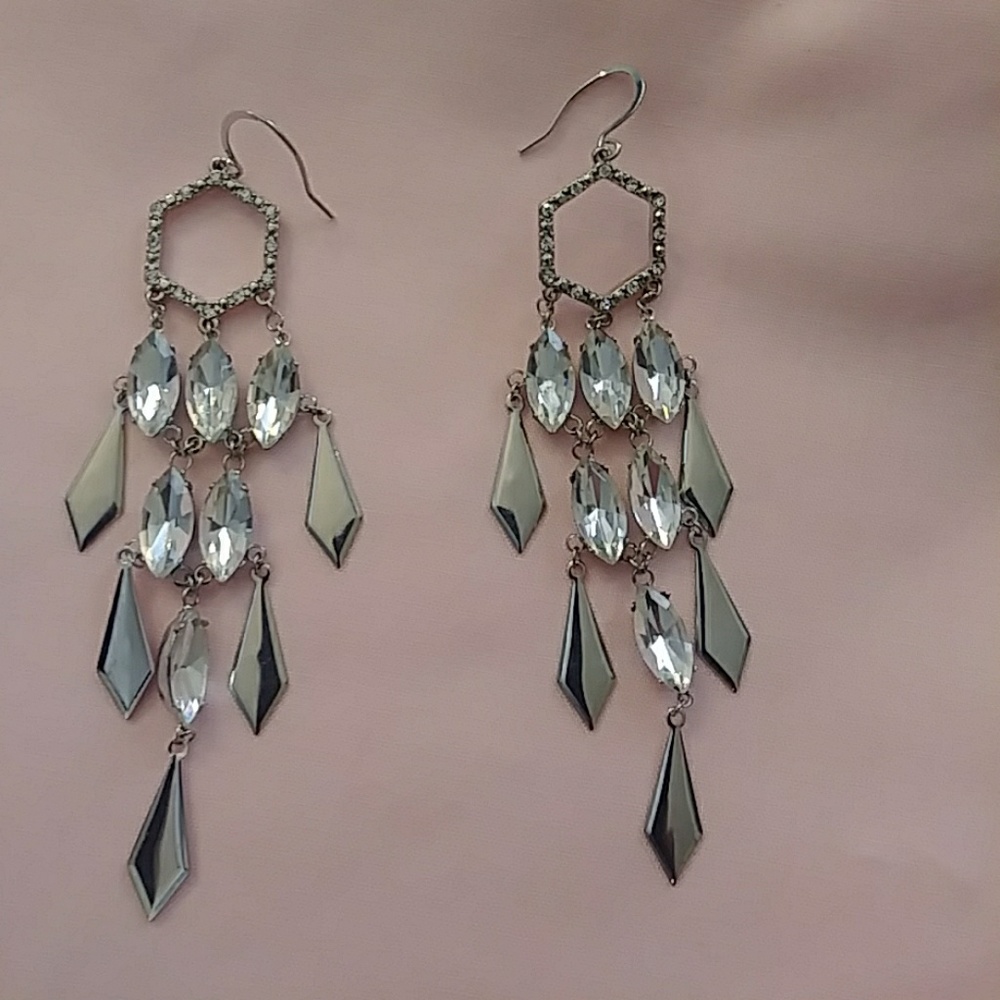 Silver Tone “Chandelier” Earrings w/ Clear Stones